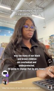 Nicola is typing on a computer and discussing her efforts to address the racism her son faced.