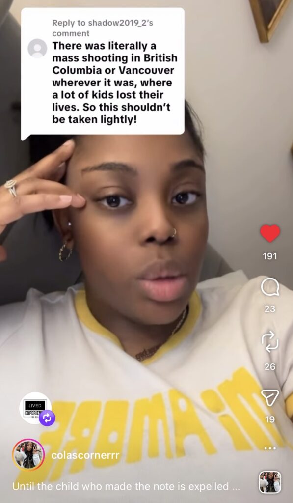 Screen shot of Nicola speaking about violence in schools from a video posted to Instagram